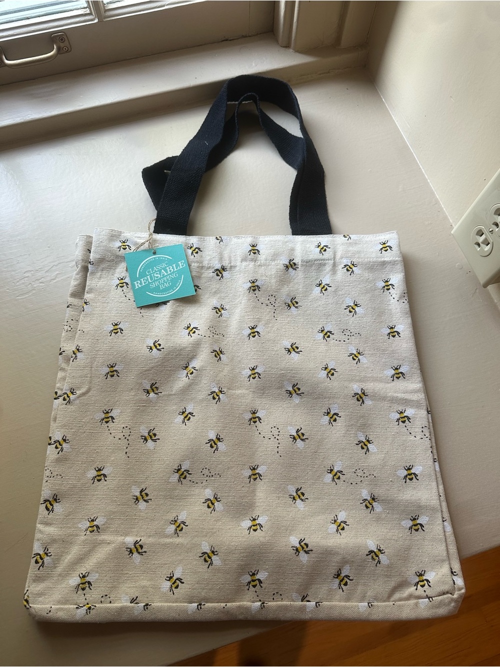 Reusable Bee Print Canvas Tote Bag with Black Handles